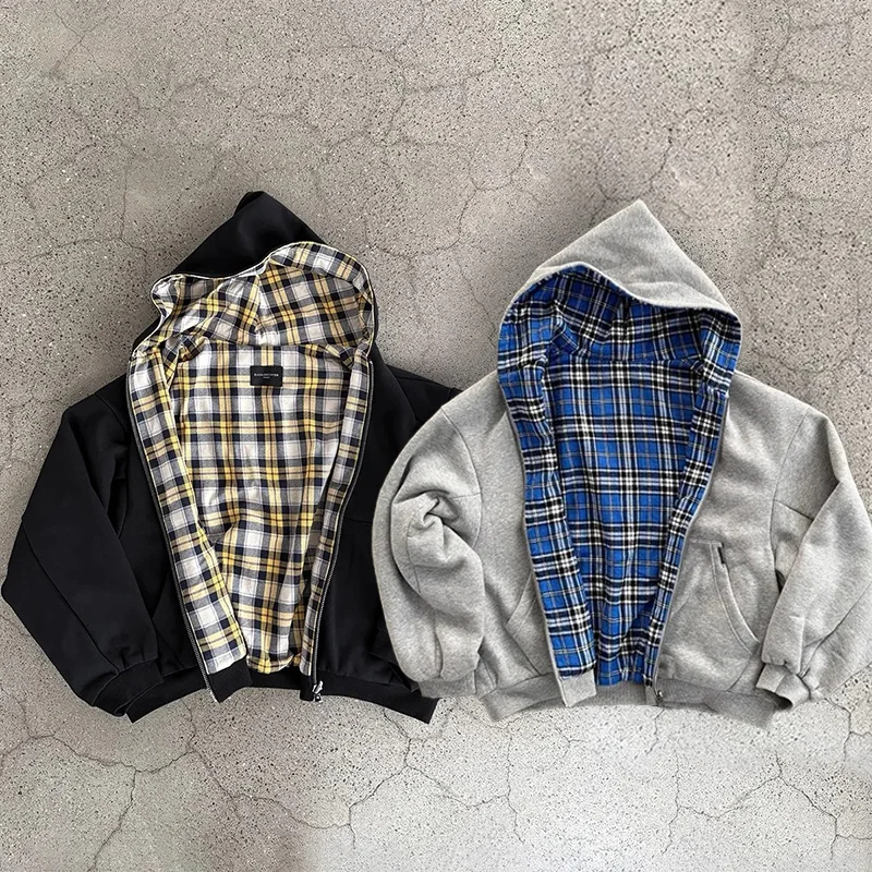 Casual Reversible Hoodies for Men Street Clothes Oversized Zip Up Hoodie Simple with Plaid Lining Solid Color Retro Sweatshirt