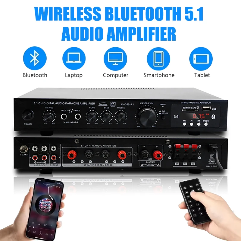 AV-369BT Bluetooth 5.1 Sound Speaker AMP Stereo Audio Amplifiers Receiver 6 Channel Home Theater Audio Stereo System Components