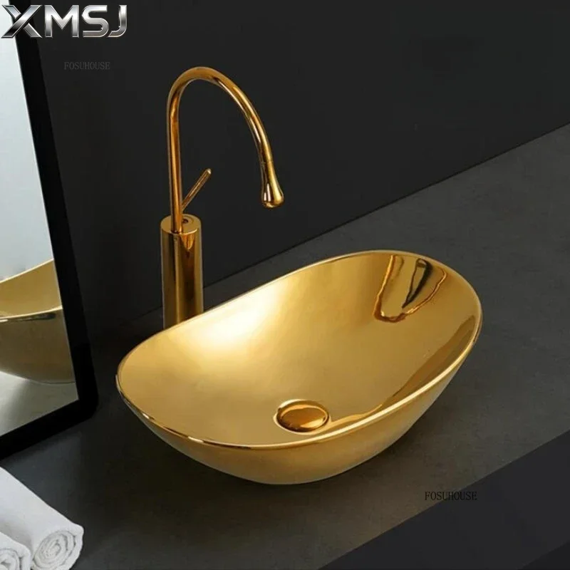 Light Luxury Electroplated Gold Ceramic Vessel Sink - Bathroom & Balcony Wash Basin, Hotel-Grade Home Vanity Sink