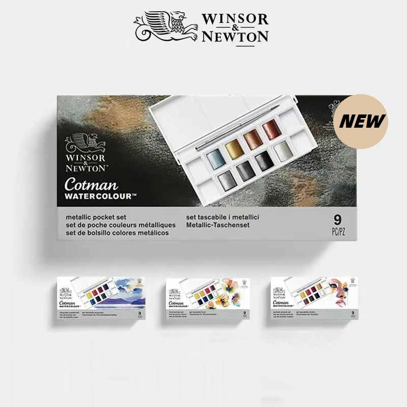 Winsor & Newton Cotman Metallic Watercolor Paint Set 8 Color Half Pans Colors Palette with Brush for Beginner Aquarela Painting
