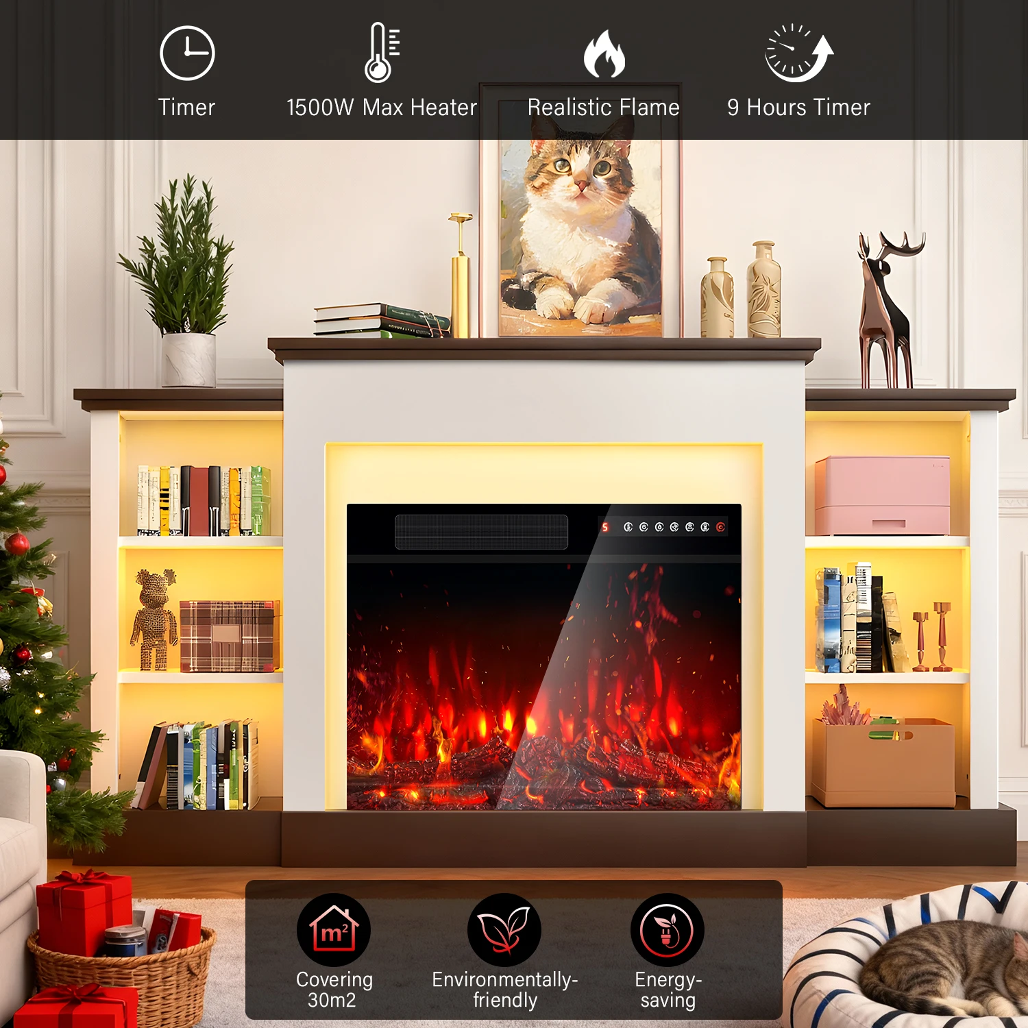 Electric Fireplace Flame Heater,Timer&20 Color LED Light TV Cabinet BIG Storage