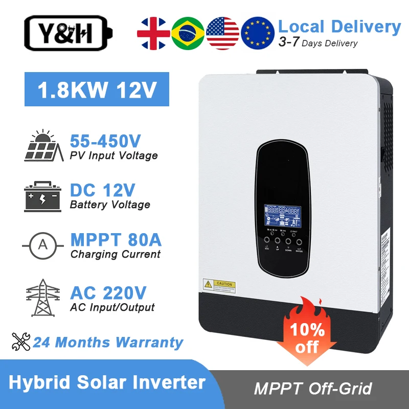 Y&H 2200VA 3200VA Hybrid Solar inverter 12V 24V DC 220V AC 1.8KW 3KW Off Grid Inverter 80A MPPT Solar Charger Pure Sine Wave