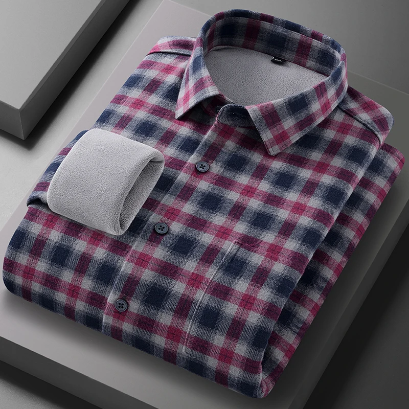 Men's long-sleeved shirt, all-cotton checked warm shirt, winter casual, versatile, comfortable, classic street trend
