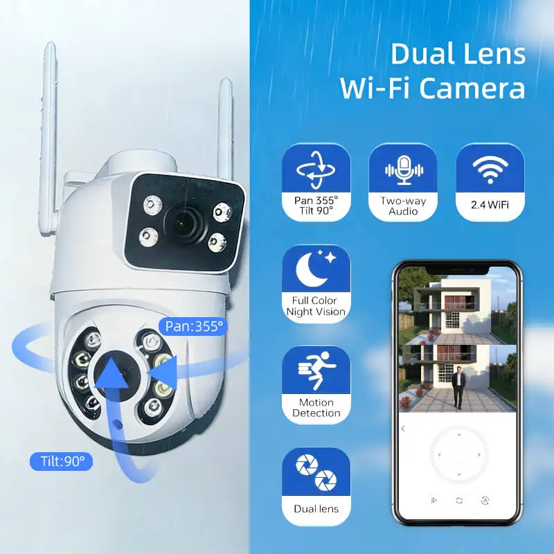 Wifi Camera Outdoor 4MP Dual Lens Dual Screens White Surveillance Camera Night Vision Human Detection Security Camera