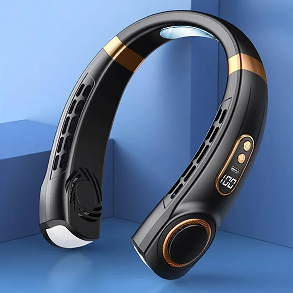 2025 New Portable Neck Fan USB Handheld Mute LED Digital Display Leafless Mini Electric Fan Colorful Atmosphere Lights 5th Gear