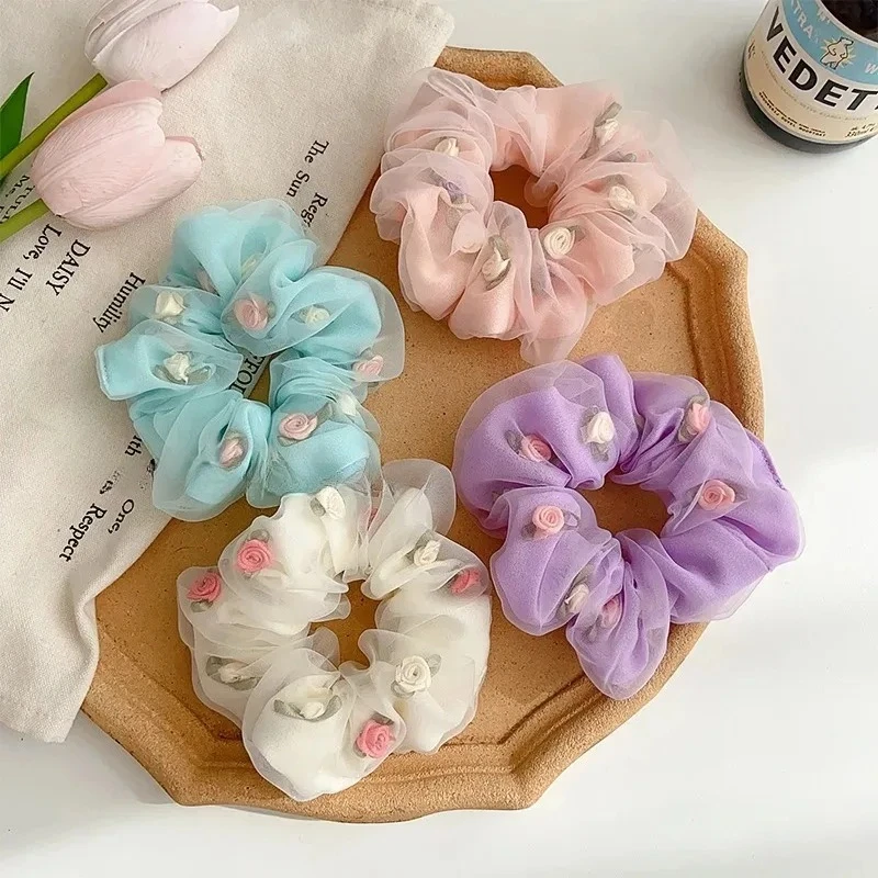 1PC Floral Organza Hair Scrunchies Soft Elastic Hair Ties in Charming Colors for Women's Daily Hairstyling Haar Accessoires