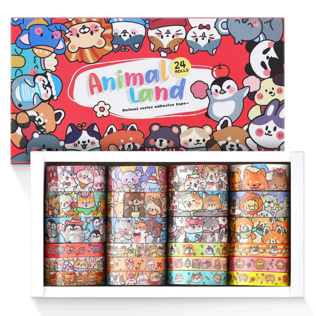 24 Rolls Colorful Cute Cartoon Animal Writable Washi Tape Set, Decorative Tapes for Scrapbooking and Journaling, Junk Journal Su