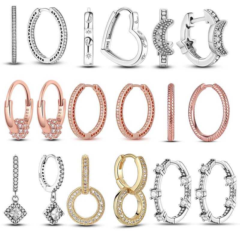 Original 925 Silver Stars Moon Earrings Women Sparkling Zircon Pave Hoop Earring Anniversary Jewelry Gift