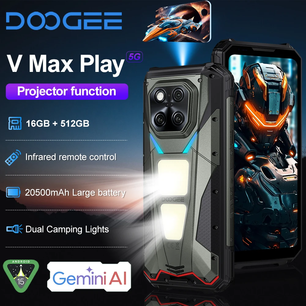 DOOGEE V Max Play Projector Rugged Phone 16GB+512GB 20500mAh 200MP Smartphon 5G 6.78" Display Dual Camping Lights Android 15 NFC