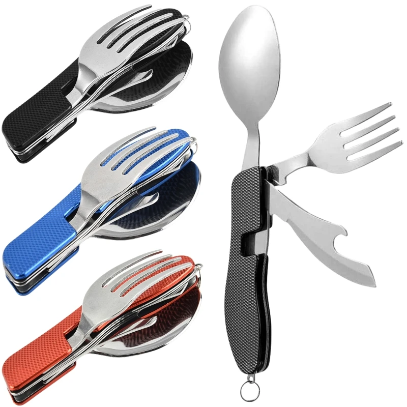 4 in1 Foldable Camping Utensil Set Multi-Functional Knife Fork Spoon Bottle Opener for Outdoor Survival Sports Camping Hiking
