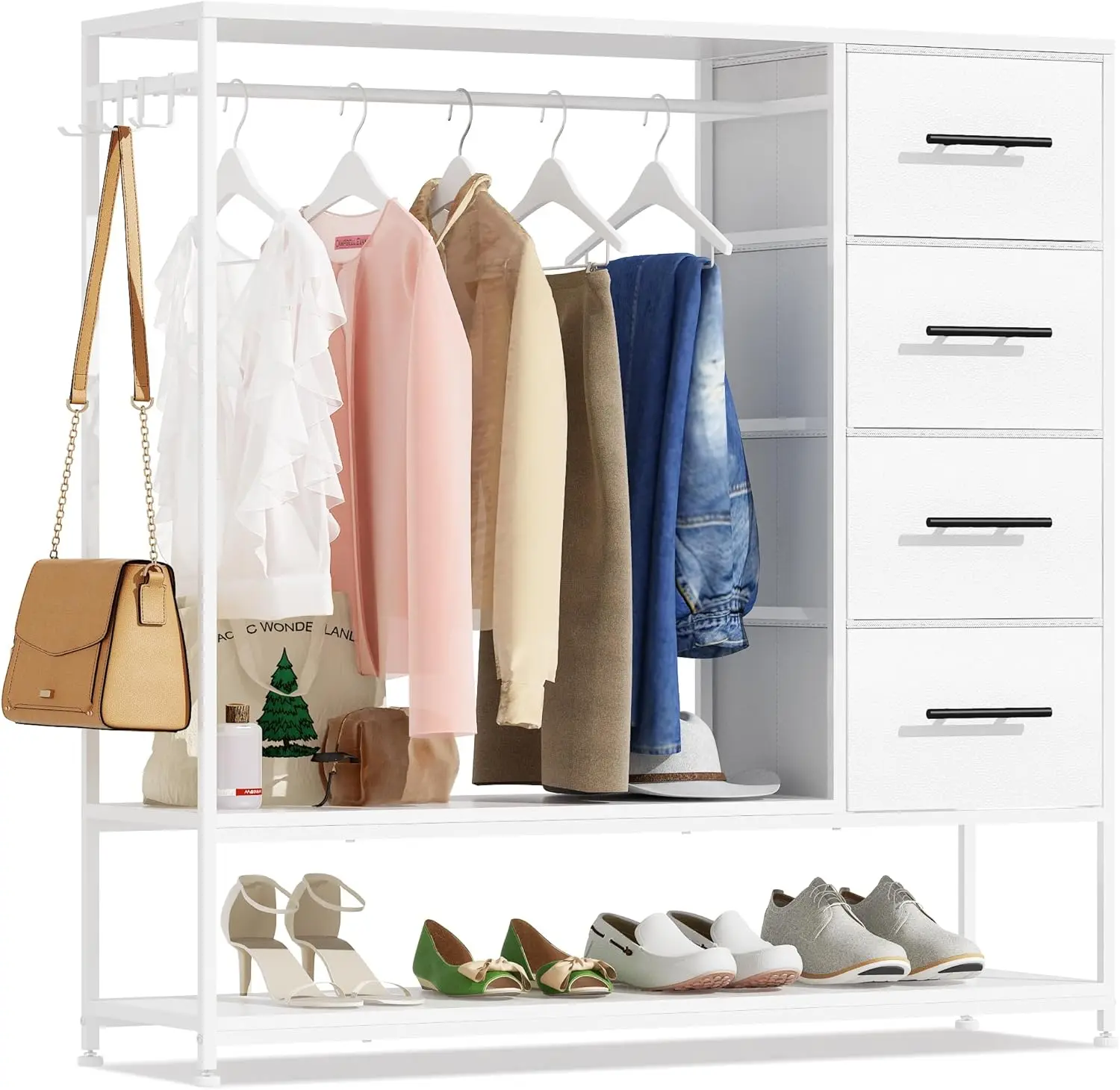 Open Wardrobe for Bedroom Clothes Rail with 4 Fabric Drawer Heavy Duty Clothing Rack 4 Side Hooks and Metal Frame