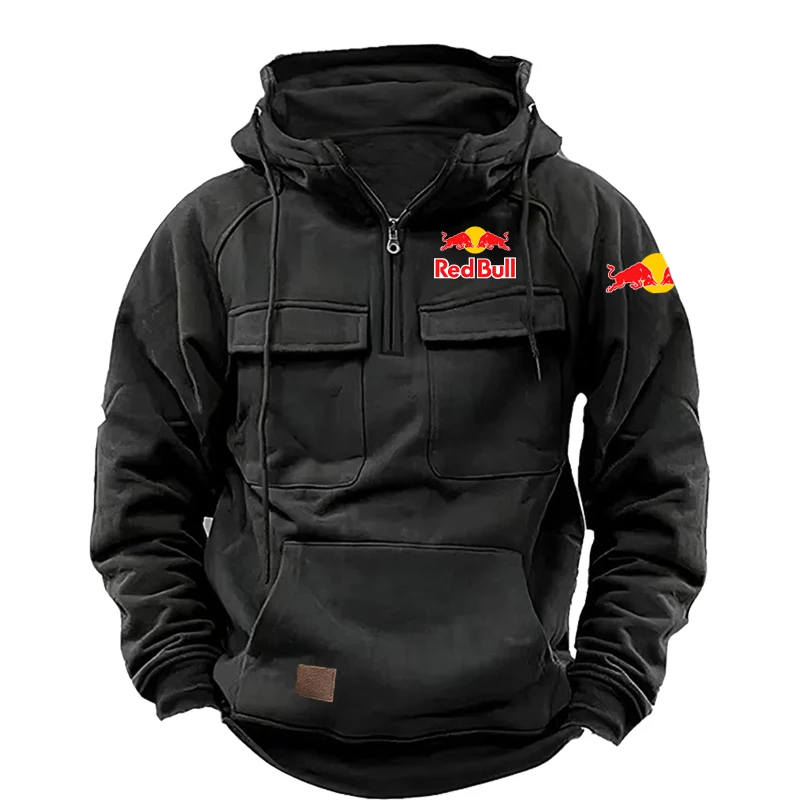 Red Bull Retro Tough Guy Heavyweight Hoodie Men's Hooded Zipper Fleece Lined Thickened Loose Men's Motorcycle Pullover Clothes