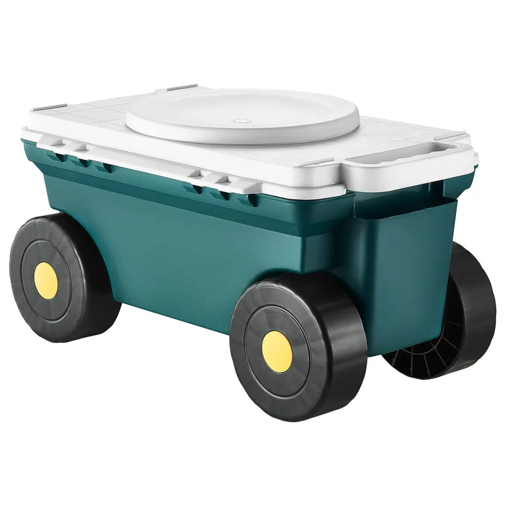SucceBuy Garden Scooter with Seat Rolling Garden Cart with Storage BinOutdoor Wagon with Handle Gardening Stool for Yard Weeding