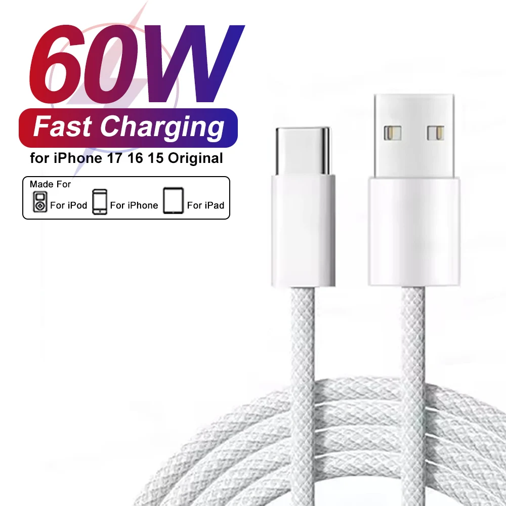 60W USB C Phone Cable For iPhone 16 15 17 Pro Max 17 Air Plus Fast Charging Type-C Charge Braided Cables USB to Type C Data Line
