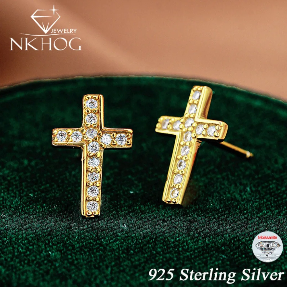 NKHOG Real Moissanite Cross Stud Earring For Women Men 925 Sterling Silver Ear Stud K Gold Plated Party Gift Jewelry Accessories