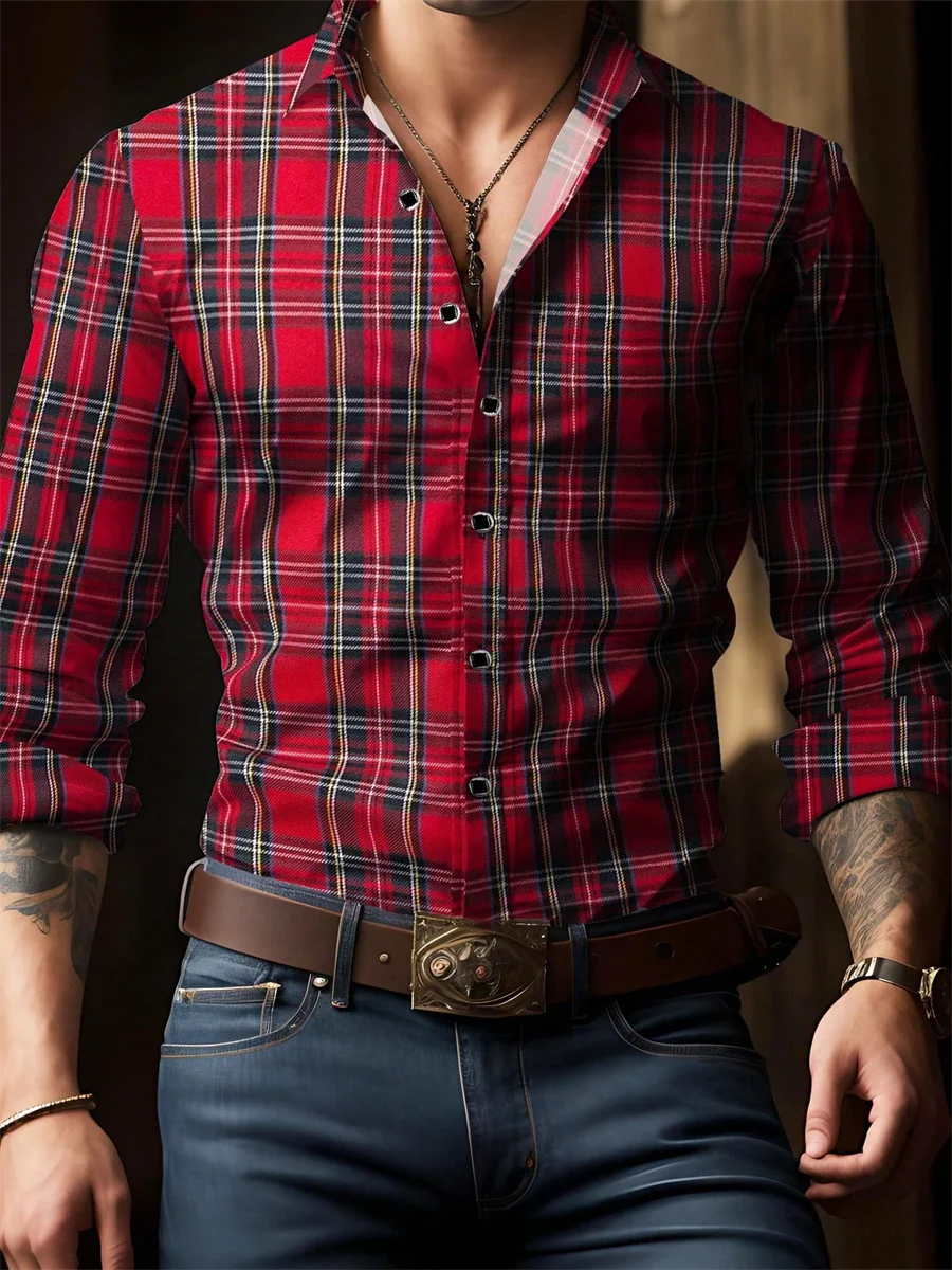 Men's retro red plaid long-sleeved shirt, casual lapel, versatile and trendy for everyday wear and commuting, sizes S-6XL.