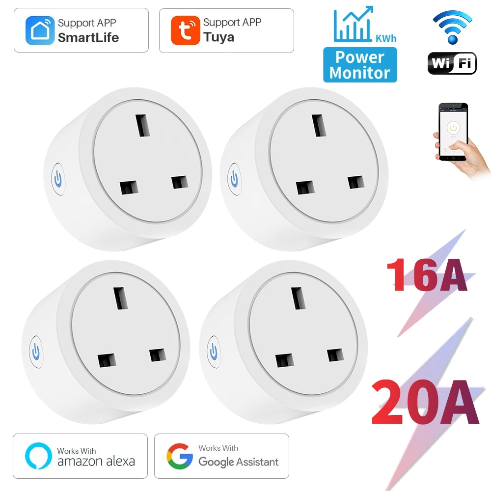 Tuya UK Smart Plug WiFi Socket 16A/20A with Power Monitor Voice Control Timing Smart Life Control Works with Alexa Google Home