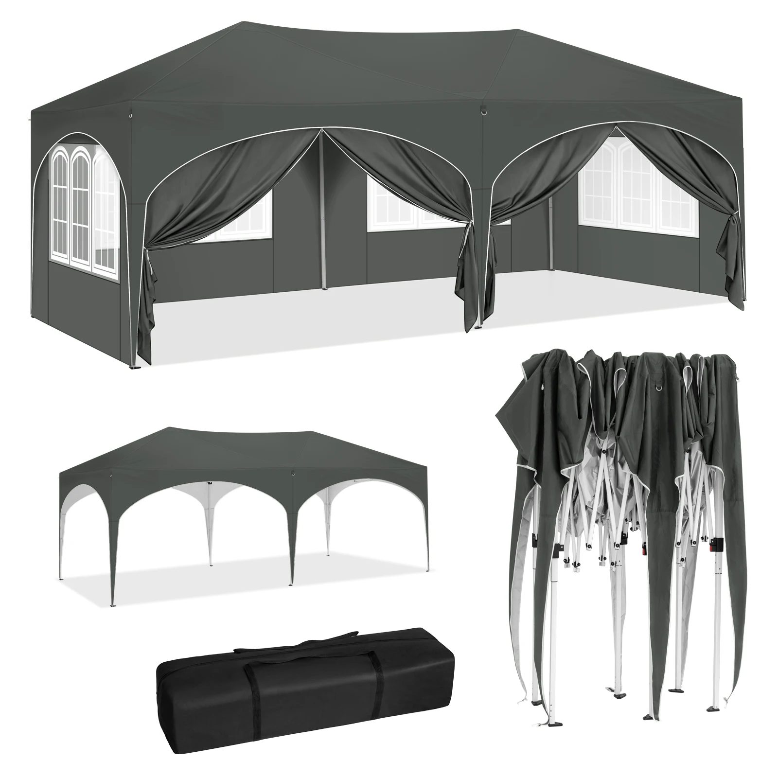WOLTU Folding Pavilion Gazebo 3x6m Garden Canopy with 6 Sidewalls Adjustable Height Waterproof UV Protection Party Tent with Bag