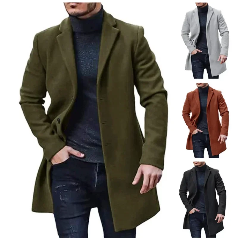 New Men's Coat Woolen Overcoat Windbreaker Solid Color Trench Autumn and Winter Outerwear Cardigan Jaqueta Masculina