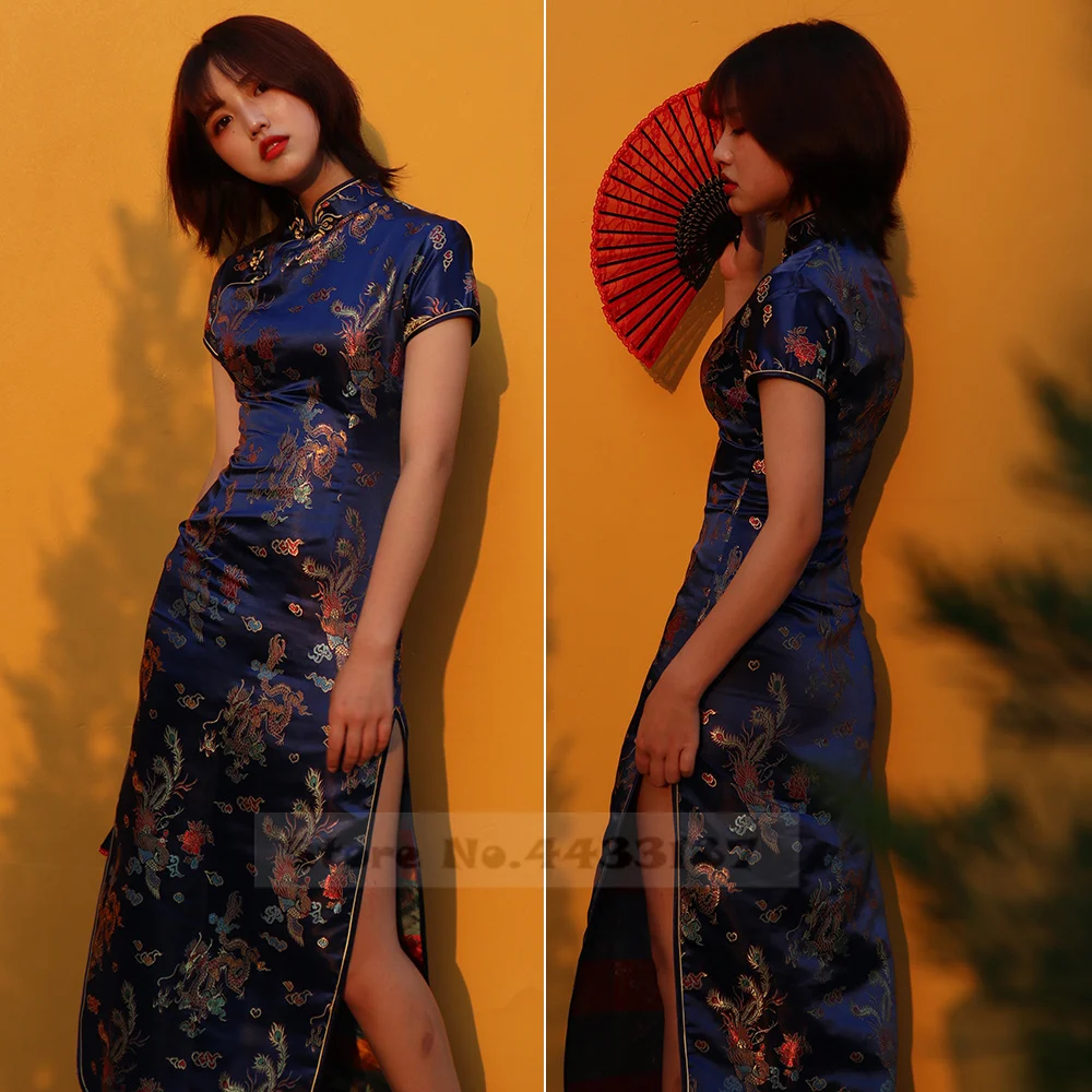 Oversize Female Long Qipao Chinese Dresses Retro Elegant Mandarin Collar Cheongsam Sexy Slim Brocade Dragon Phoenix Vestidos