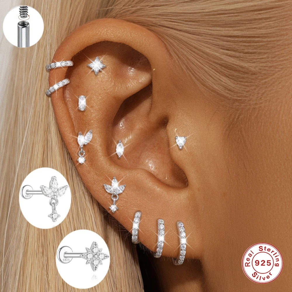 AIDE 1PC Sparkling Moissanite Piercing Stud Earrings 925 Sterling Silver Shining Circle Earring For Women Ear Bone Earring Jewel