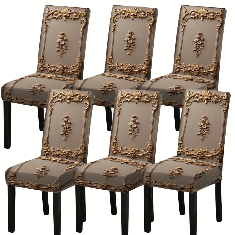 4/6pcs Dining Chair Covers Elegant Embroidery Floral Patterns Stretchable Protective Covers For Home Decor Brown Gold