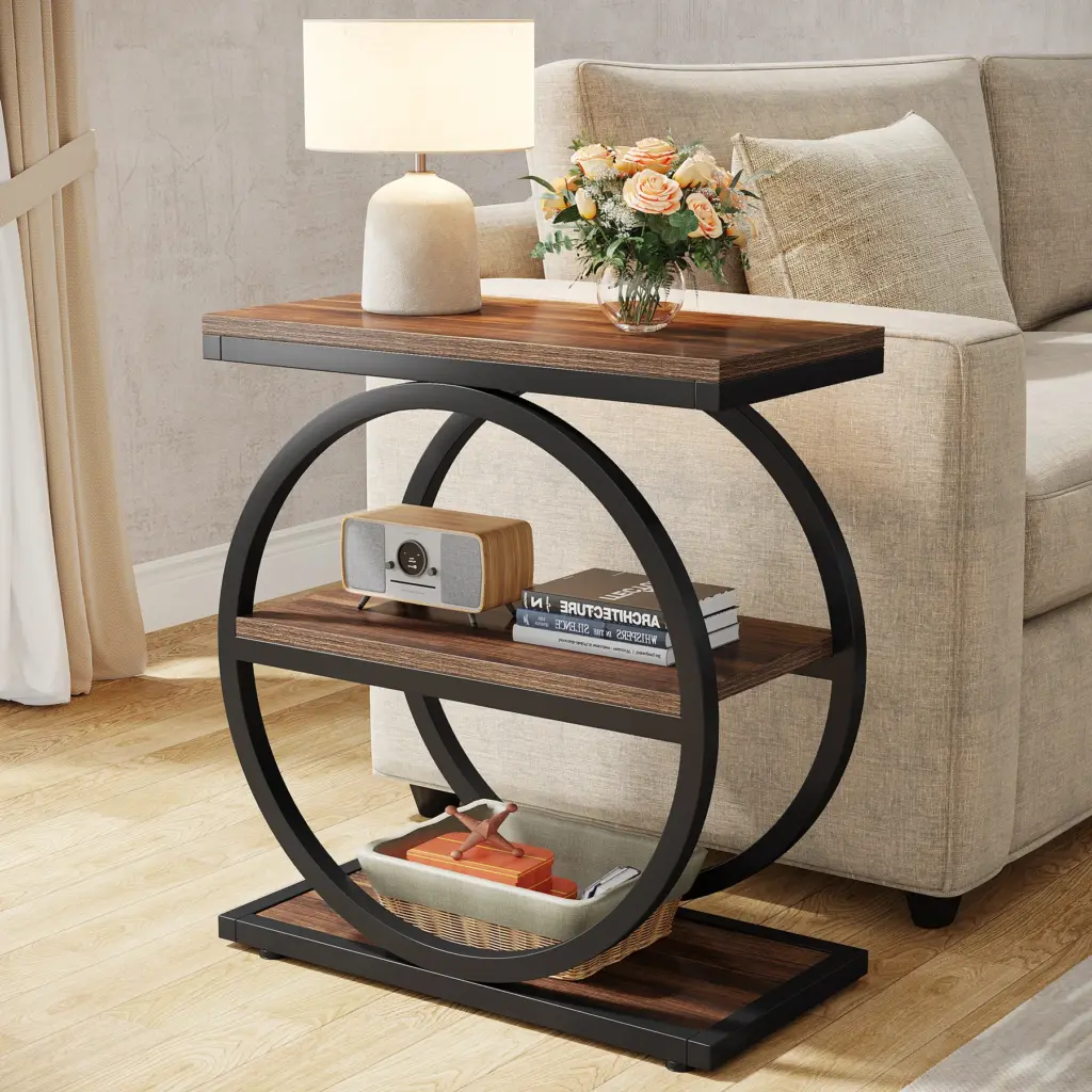 Tribesigns 3-Tier End Table with Storage Shelves, Wooden Industrial Sofa Side Table with Black Metal Frames for Living Room
