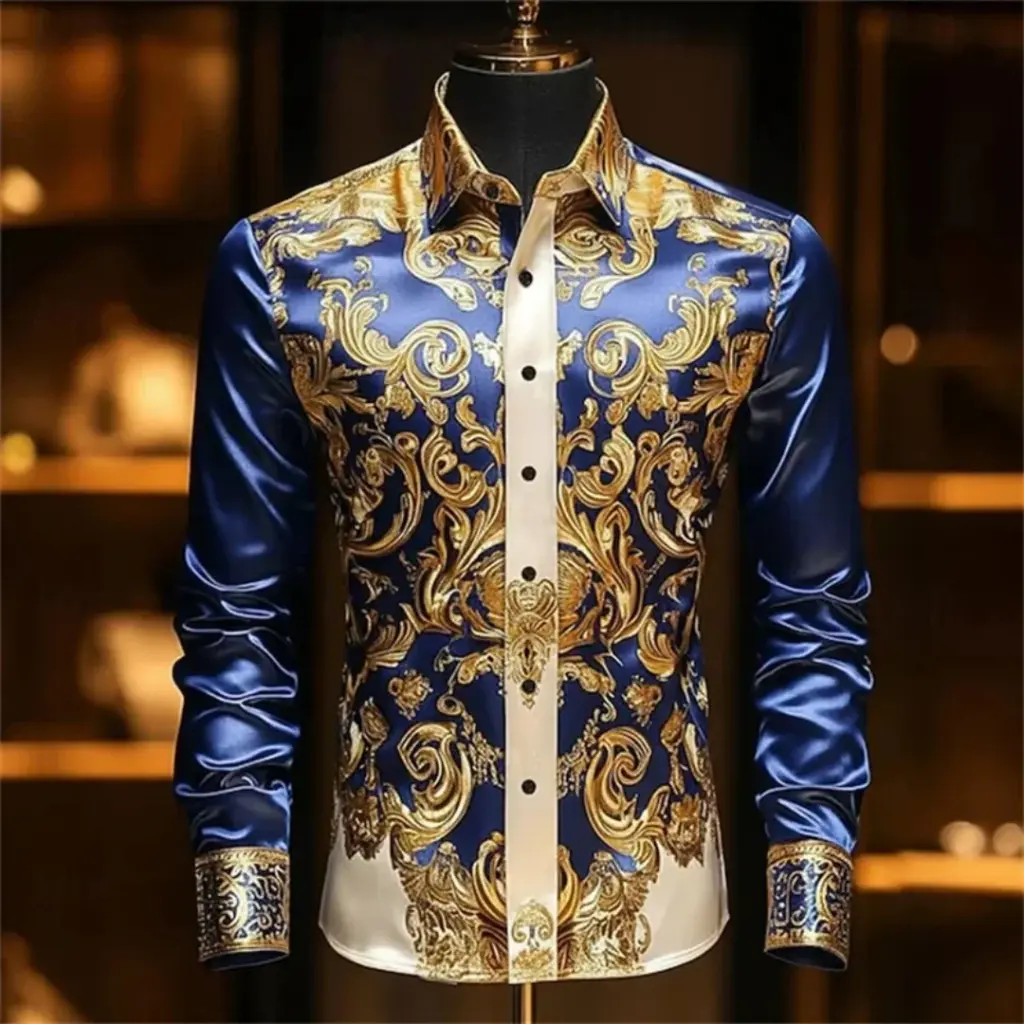 Men's Bohemian style printed long-sleeved shirt, retro style, vacation wear, suitable for spring, summer and autumn. Collar shir