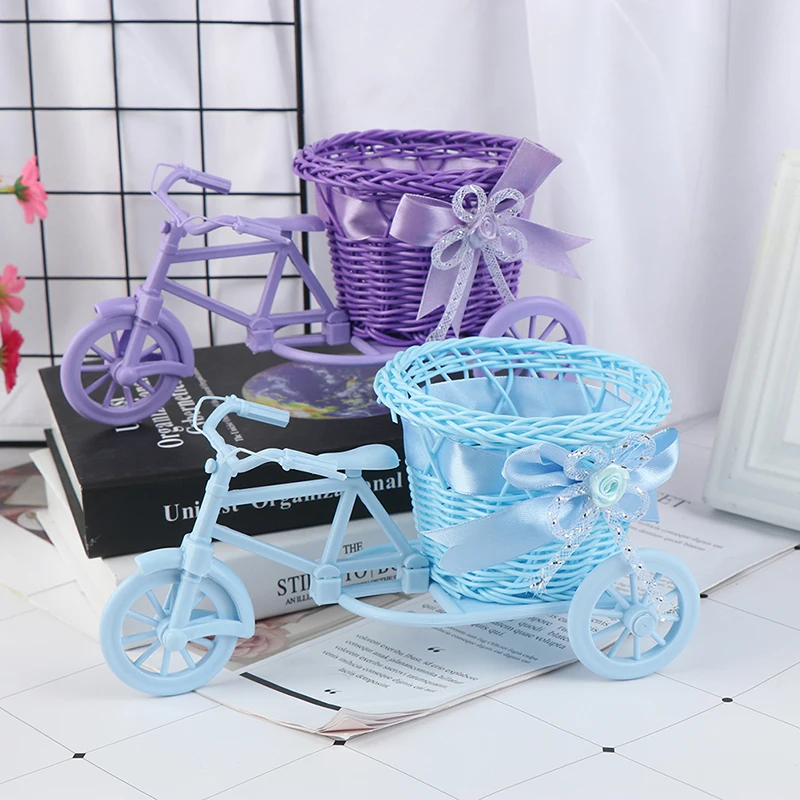 Rattan Flower Basket Vase Tricycle Bicycle Model Home Garden Wedding Party Decor Romantic Lovely Decor Figurines Miniatures