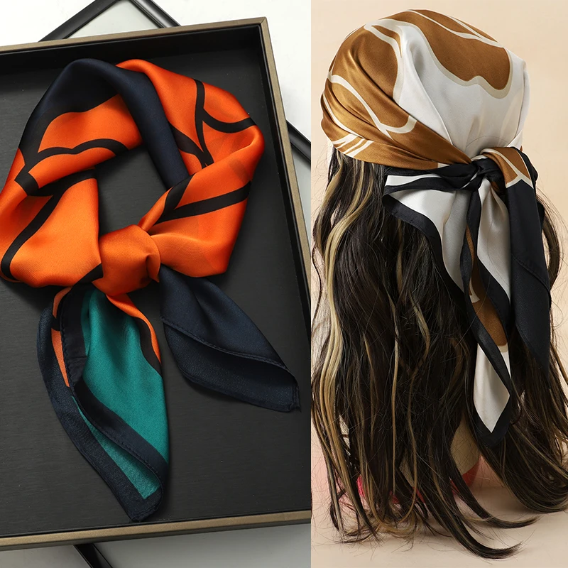 Luxury Brand 2023 Silk Square Scarf Women Cat Neck Hair Tie Band Beach Hijab Kerchief Head Headbands Bandana Female Foulard 70cm