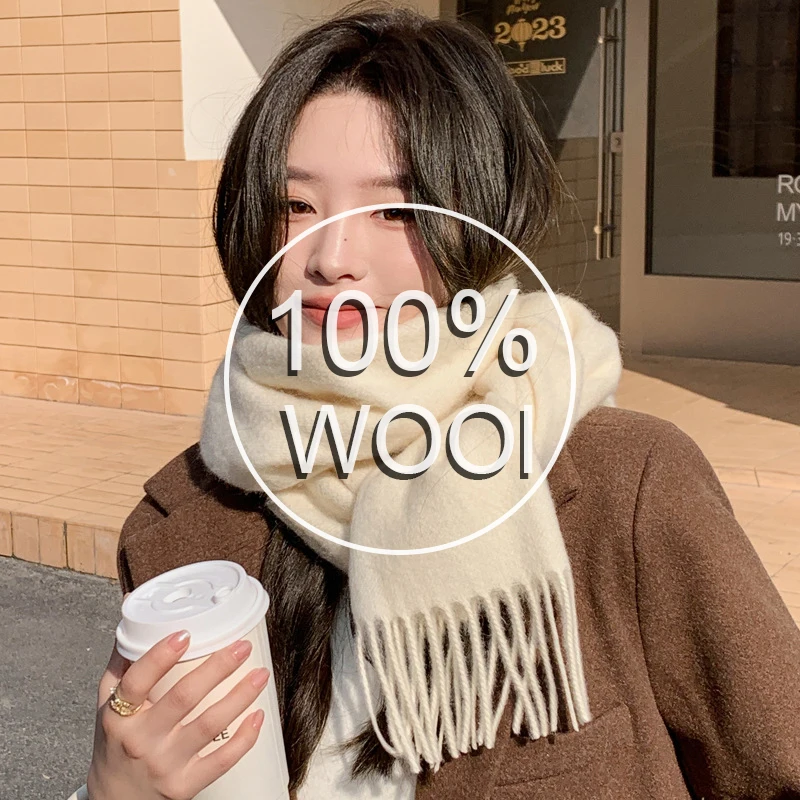 Luxury 100% Wool Scarf Women Solid Winter Cashmere Handkerchief Warm Pashmina Female Lady Shawl Hijab Soft Bufanda Bandana Stole