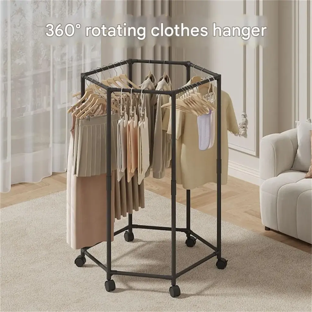 Easy to move 360° multifunctional floor-standing metal clothes hanger home bedroom clothes storage rack hexagonal shelf detachab