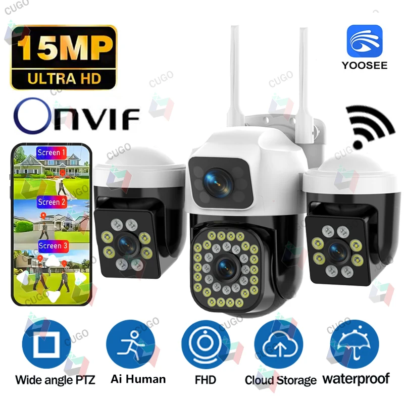 YOOSEE 15MP 4K WiFi Camera Three Lens Screen Camera Onvif 10X Zoom PTZ Automatic Tracking Two-way Audio CCTV Video Security Cam