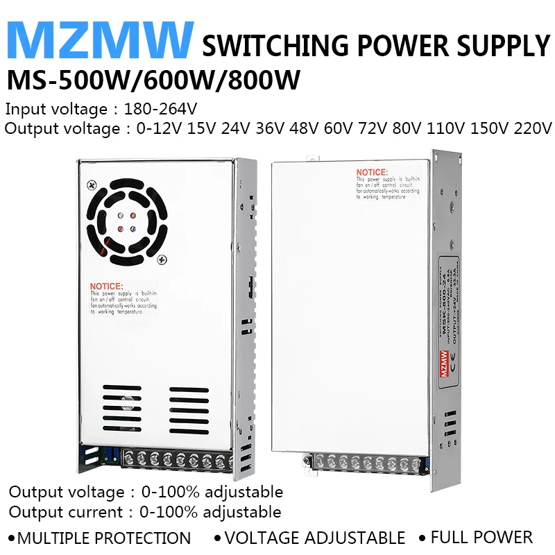 500W 600W 800W Switching Power Supply MS 0-12V 24V 36V 48V 60V 72V 80V 110V 150V 220V AC/DC Voltage Adjustable Industrial SMPS