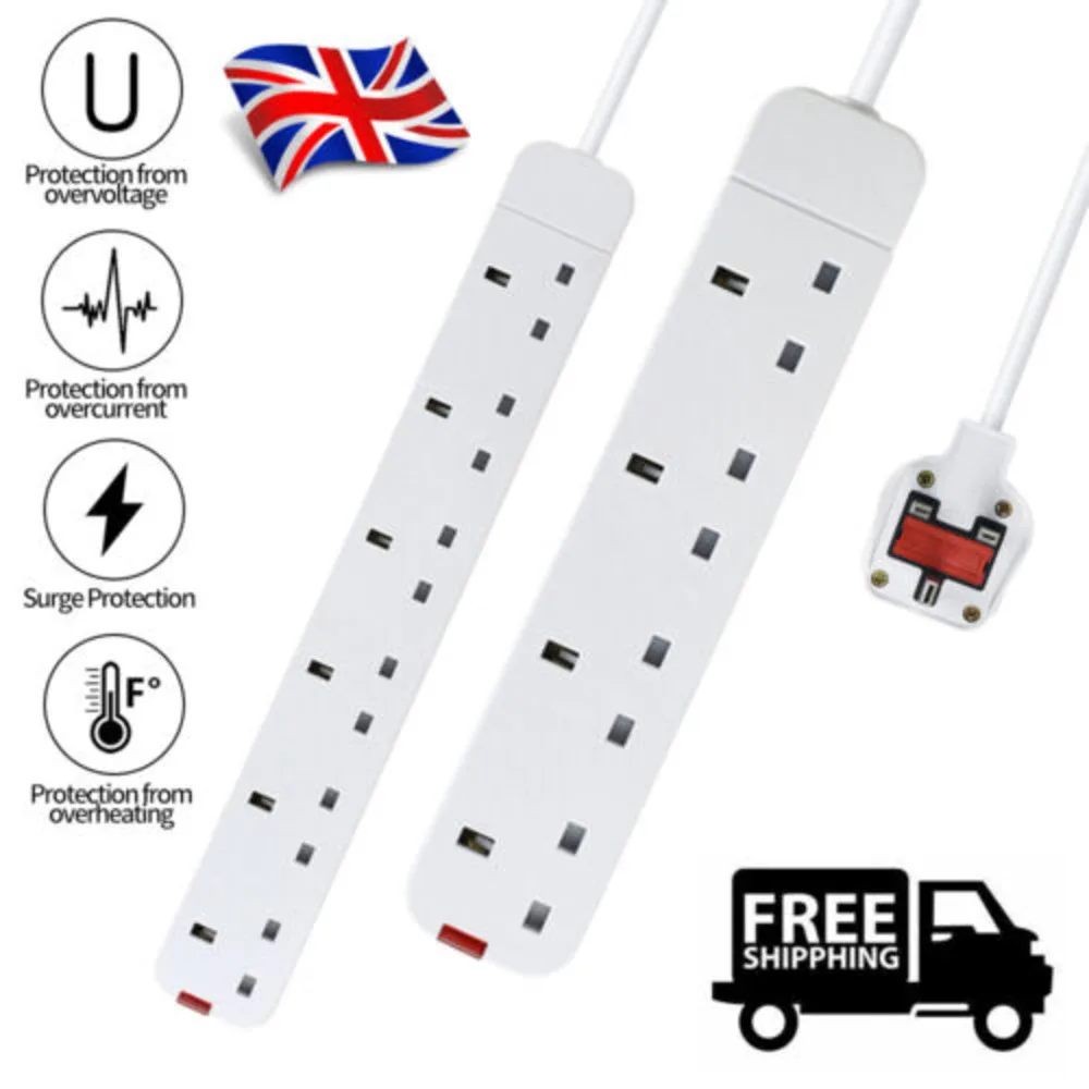 UK 3M White Extension Lead Cable Electric Plug Socket Mains Power 4/6 Gang Way