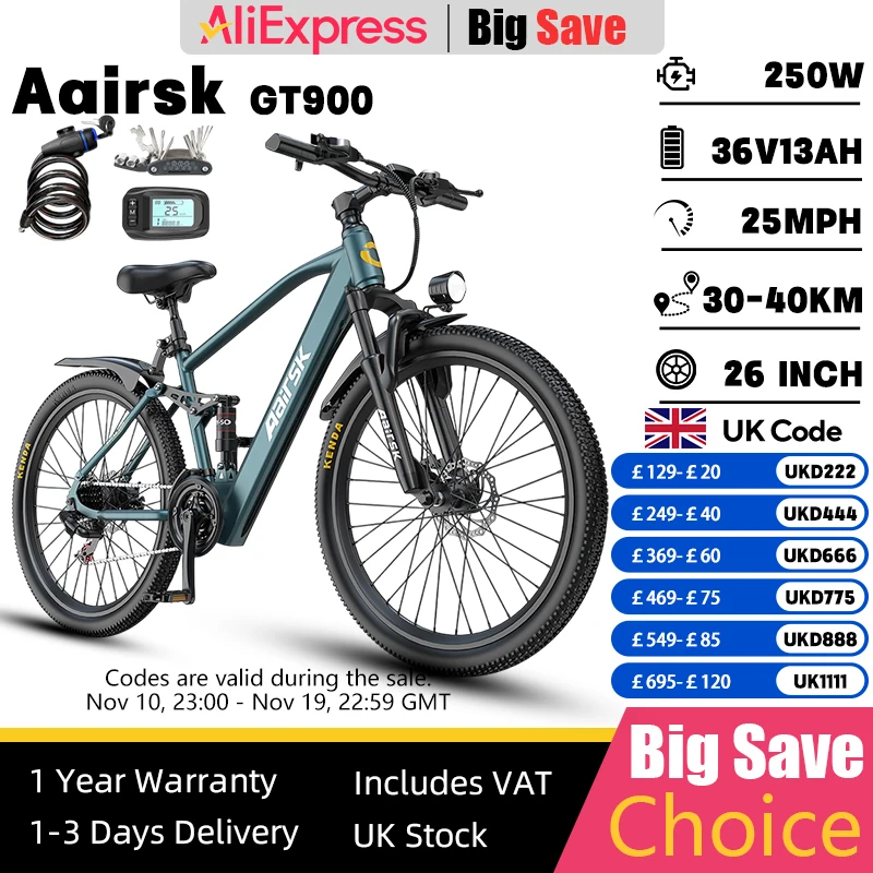 Aairsk GT900 Ebike 250W Motor 36V 13AH Battery Electric Bicycle Mountain Off-road Full Suspension Adult Electric Bike