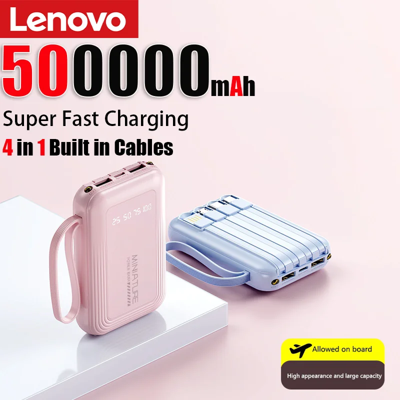 Lenovo Mini 500000mah Powerbank Super Fast Charging Led Digital Display 4 In 1 Built In Cables Power Bank For Iphone Samsung