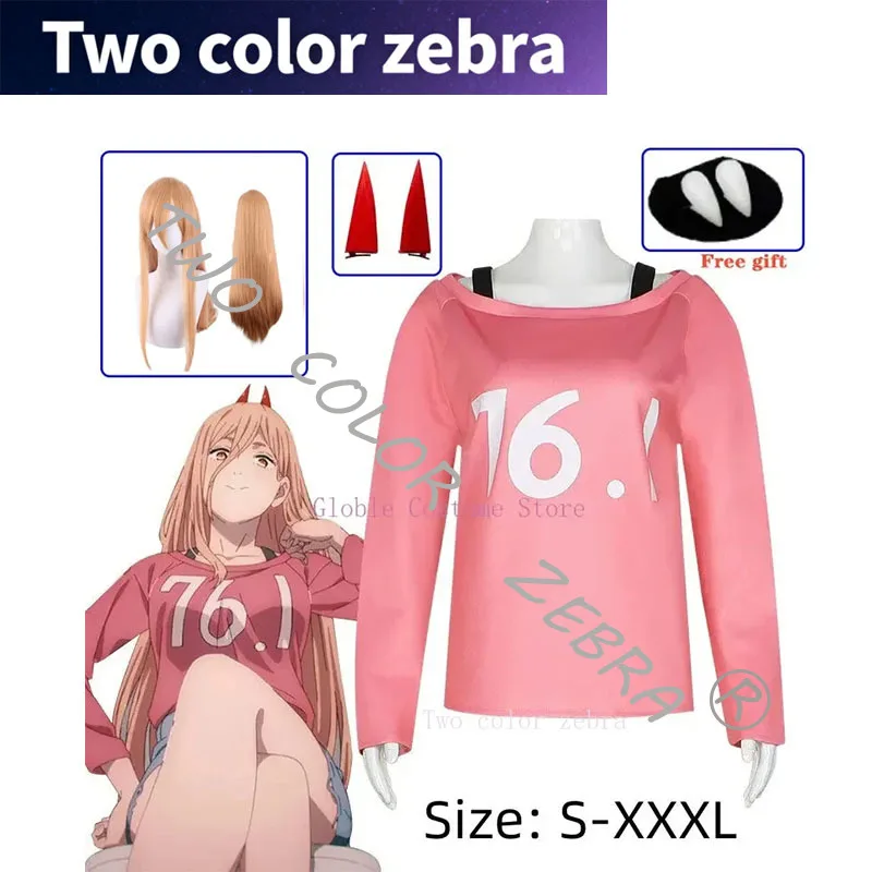 Anime Chainsaw Man Power Wig Cosplay Costume Makima Power Wigs Props Horns Teeth Power T-Shirt