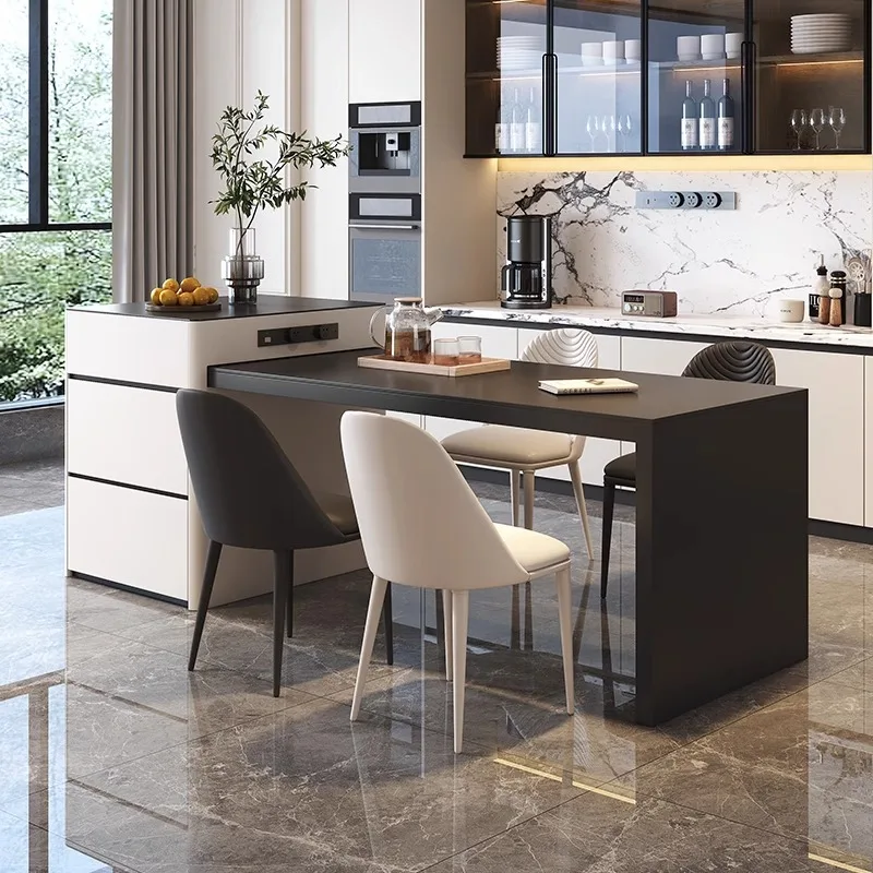 Black And White Rock Slab Island Dining Table Integrated Retractable Modern Mid-island Dining Table Home Kitchen Bar
