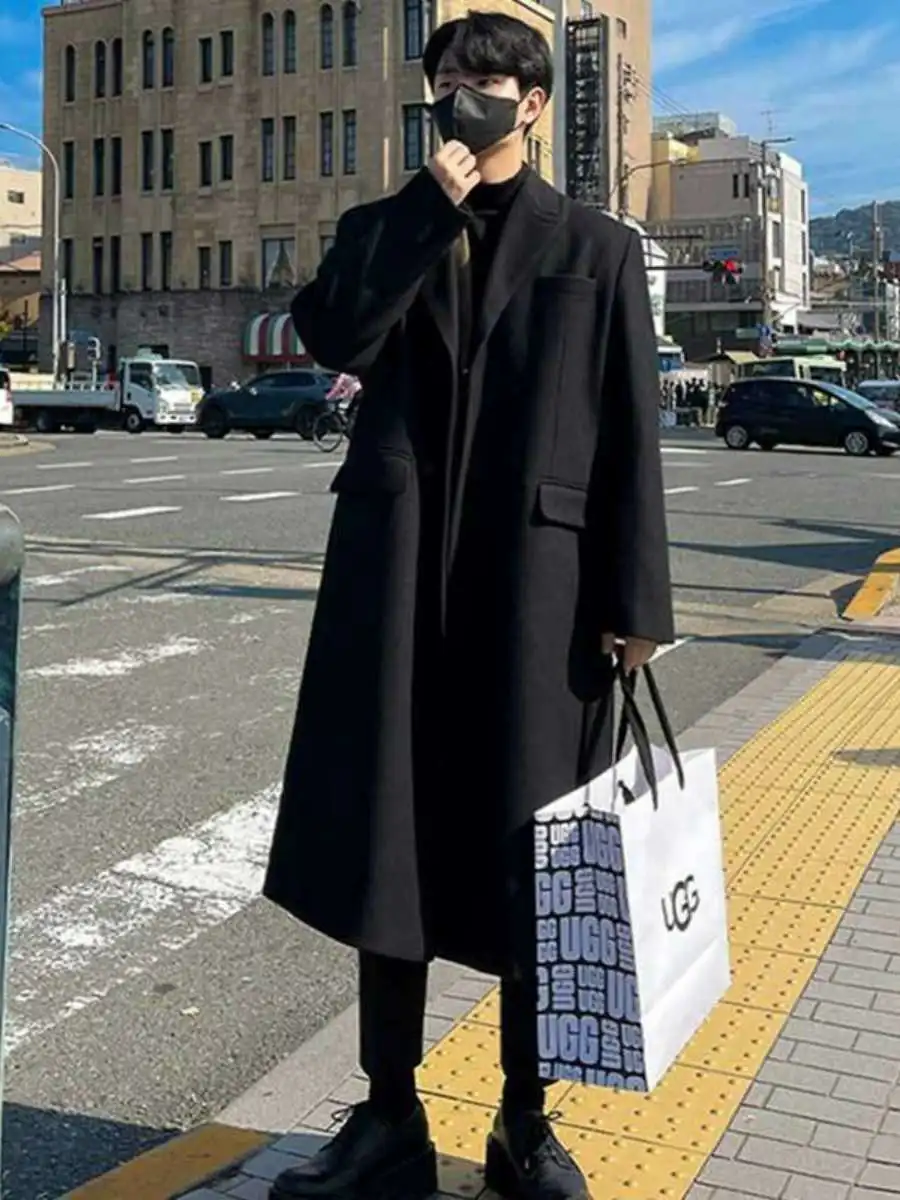 Trendy Winter Men's Woolen Coat Thi Korean Version Loose Long Over-Knee Non-eepskin Coat Youthful Daily Wear PU Material