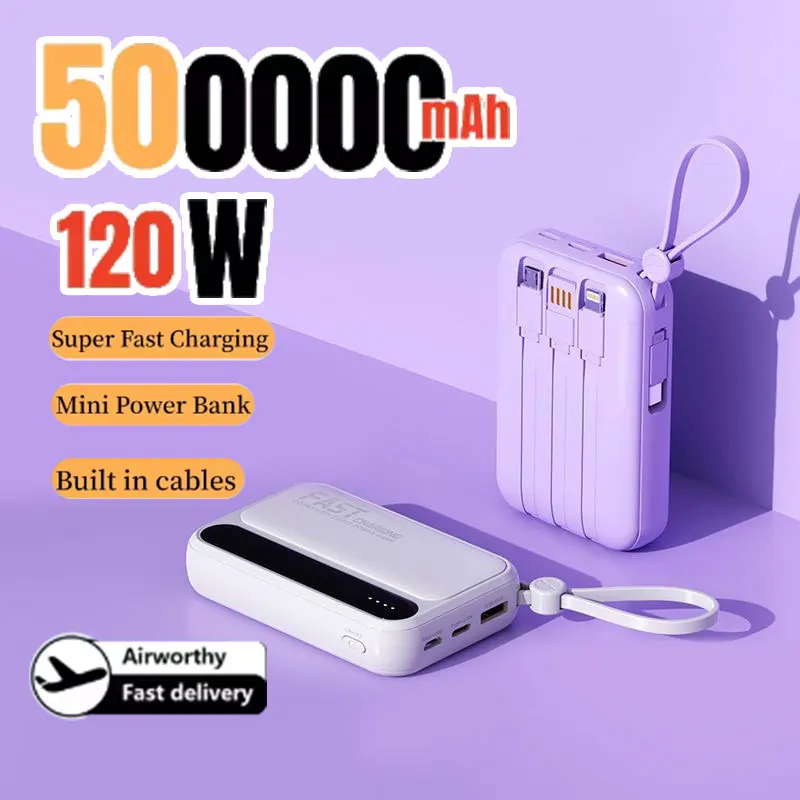 500000mAh 120W Power Bank Large Capacity 4 in1 Cables Intelligent Digital Display Light Portable Powerbank For iPhone Huawei New