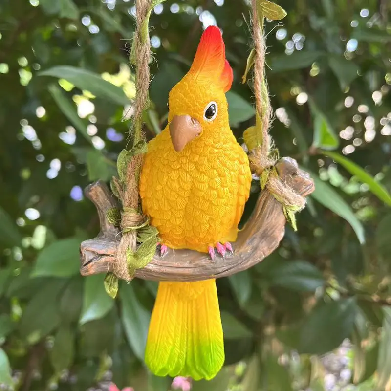 Cute Parrot Wood Swing on Creative Resin Animal Statue Home Garden Hanging Decoration Outdoor Courtyard Decoration