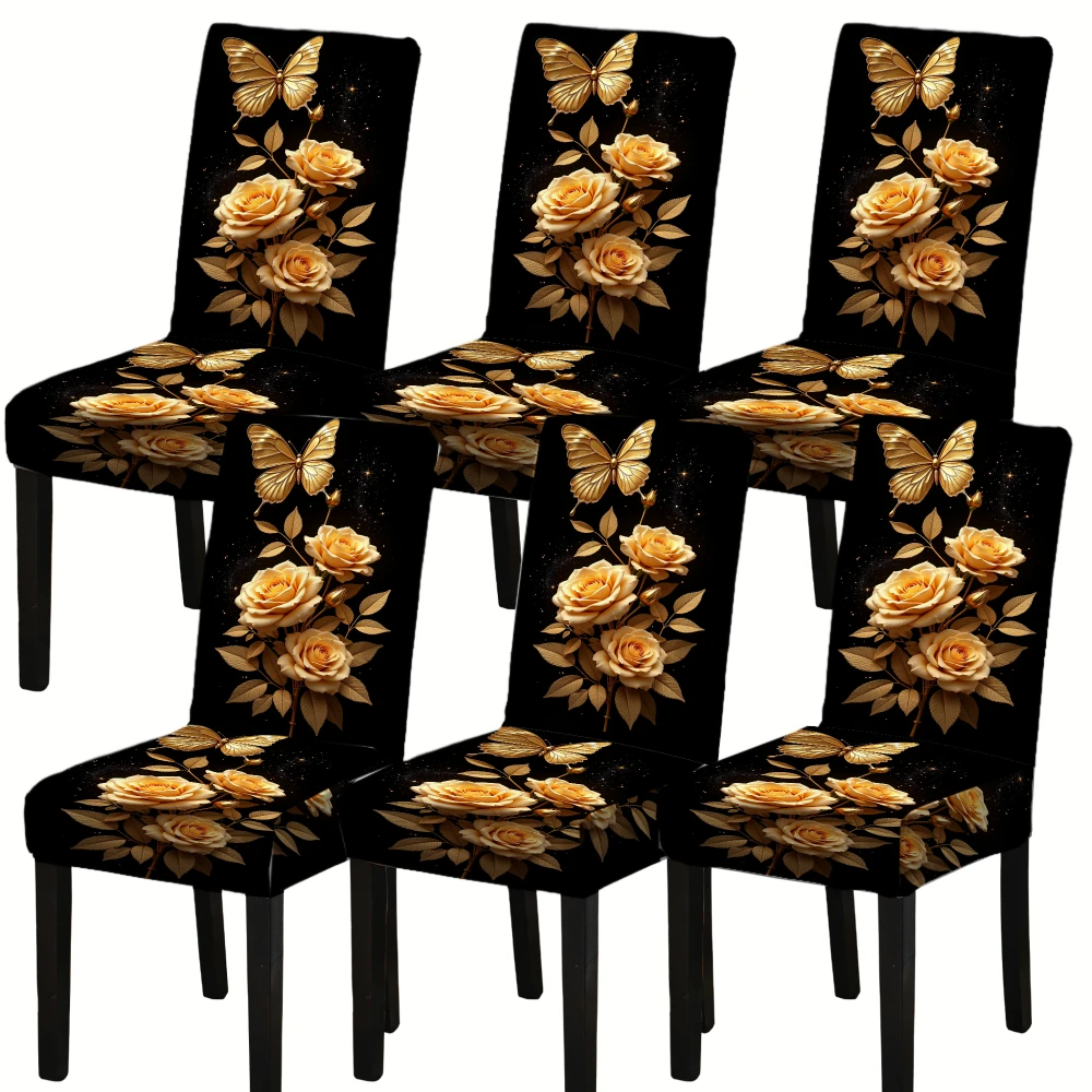 4/6pcs Elastic Dining chair covers Floral Print Stretchable Seat Covers for Home Decor Yellow Rose Pattern Protector Set of 6