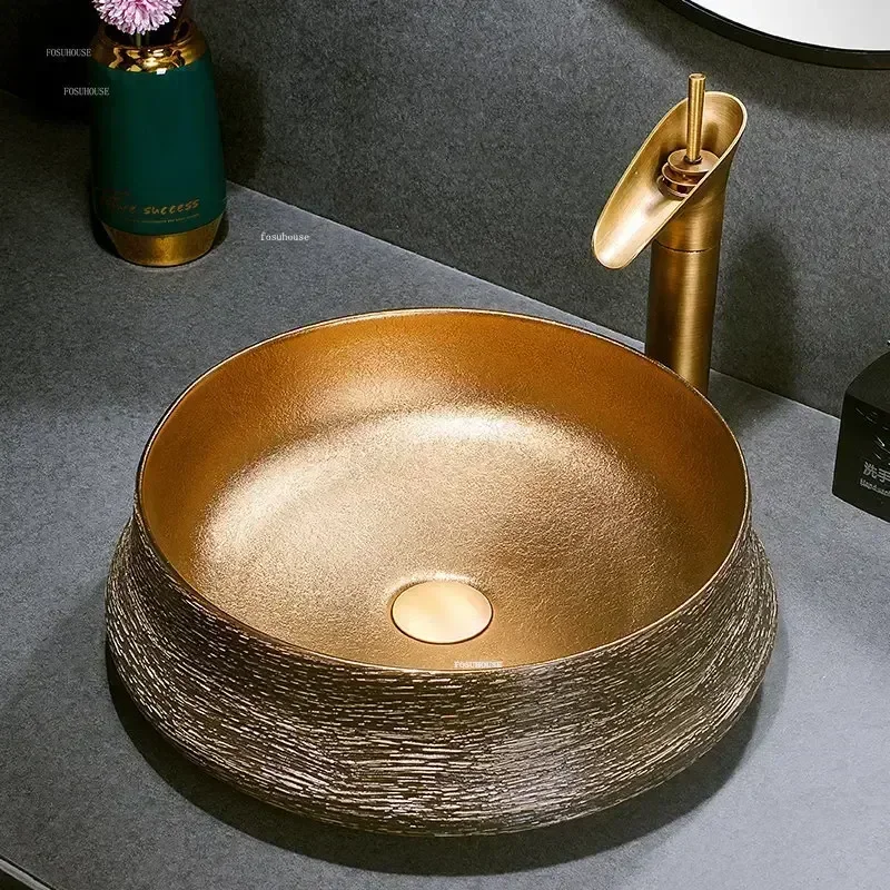 Luxury Bathroom Sinks Retro Art Countertop Basin Home Round Bathroom Overhead Sinks Balcony Hotel Ceramic Bathroom Washbasins U