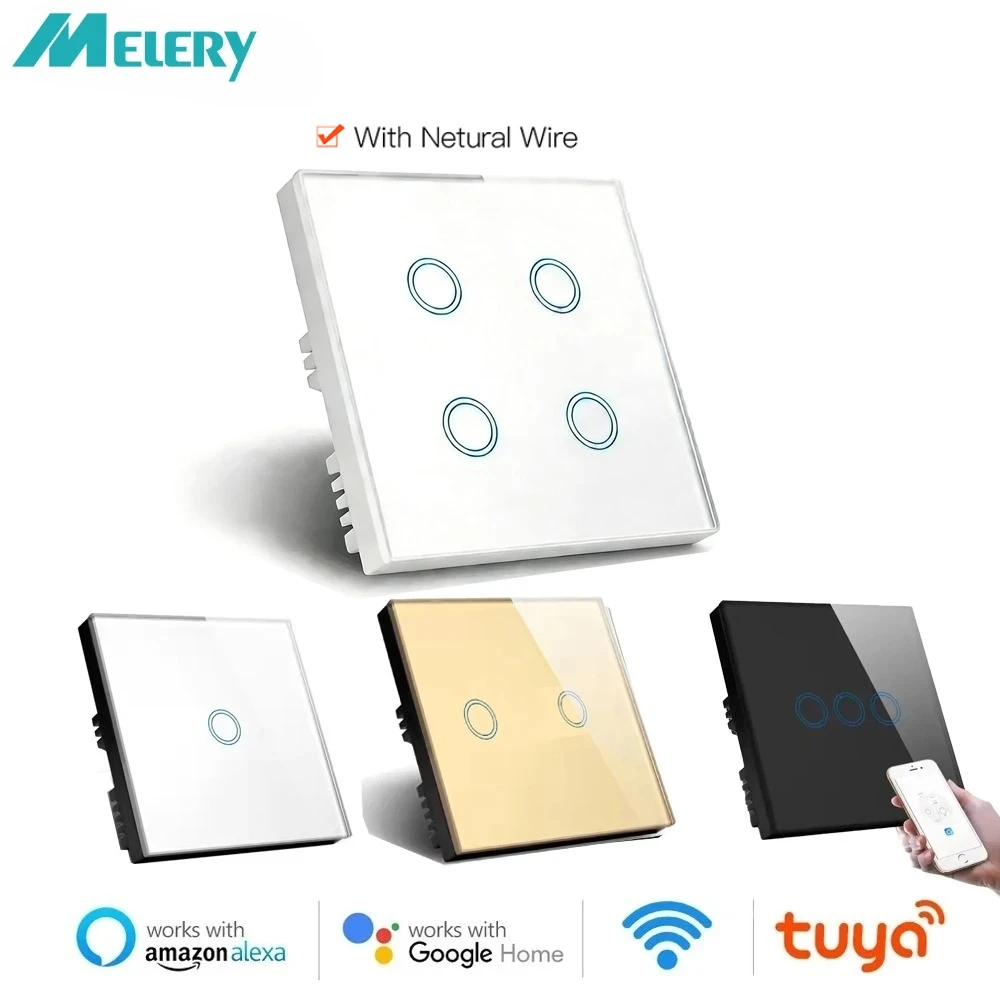 Melery WiFi Smart Light Wall Switch 86*86 EU Glass Panel Touch Sensor Wireless Remote Voice Control Alexa Google Home Assistant
