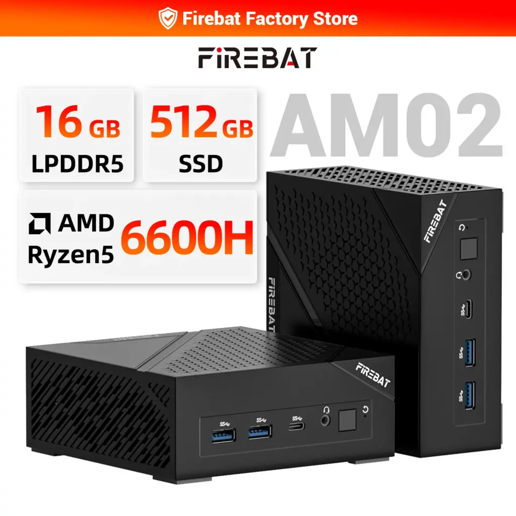 FIREBET AM02 Mini PC 6600H CPU 6C/12T MAX 4.5GHz 16GB LPDDR5 RAM 512GB SSD Windows 11 Desktop 2*RJ45 WIFI6 BT5.2 Gaming Computer