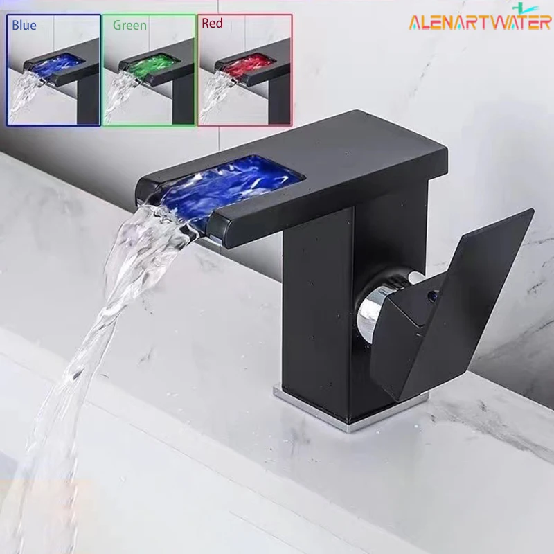Luxury LED Black Basin Faucet Tall And Short Tap Bathroom Single Handle Cold and Hot Water Flow Produces Electricity