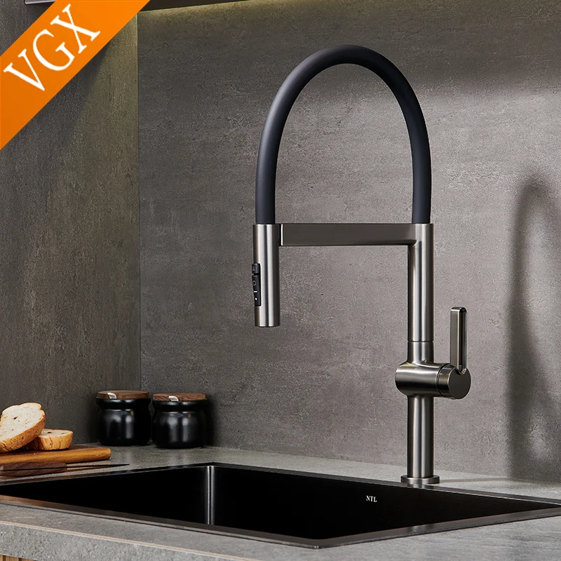 VGX Kitchen Faucet Sink Faucets Rubber Pull Down Stream Sprayer Taps Rotatable Kitchen Mixer Water Tap Hot Cold Crane Brass Grey