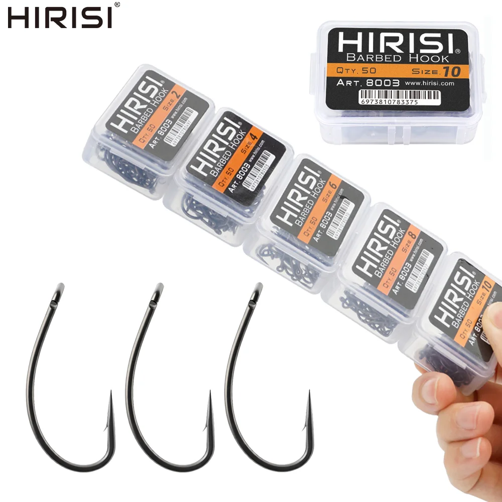 Hirisi 50/100Pcs Coating High Carbon Stainless Steel Barbed Carp Fishing Hooks With Eye Fishing Accessories 8003