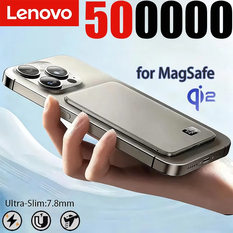 Lenovo 3 IN 1 Power Bank For MagSafe 50000mAh Slim Magnetic Wireless Power Bank 22.5W External Battery For iPhone Samsung